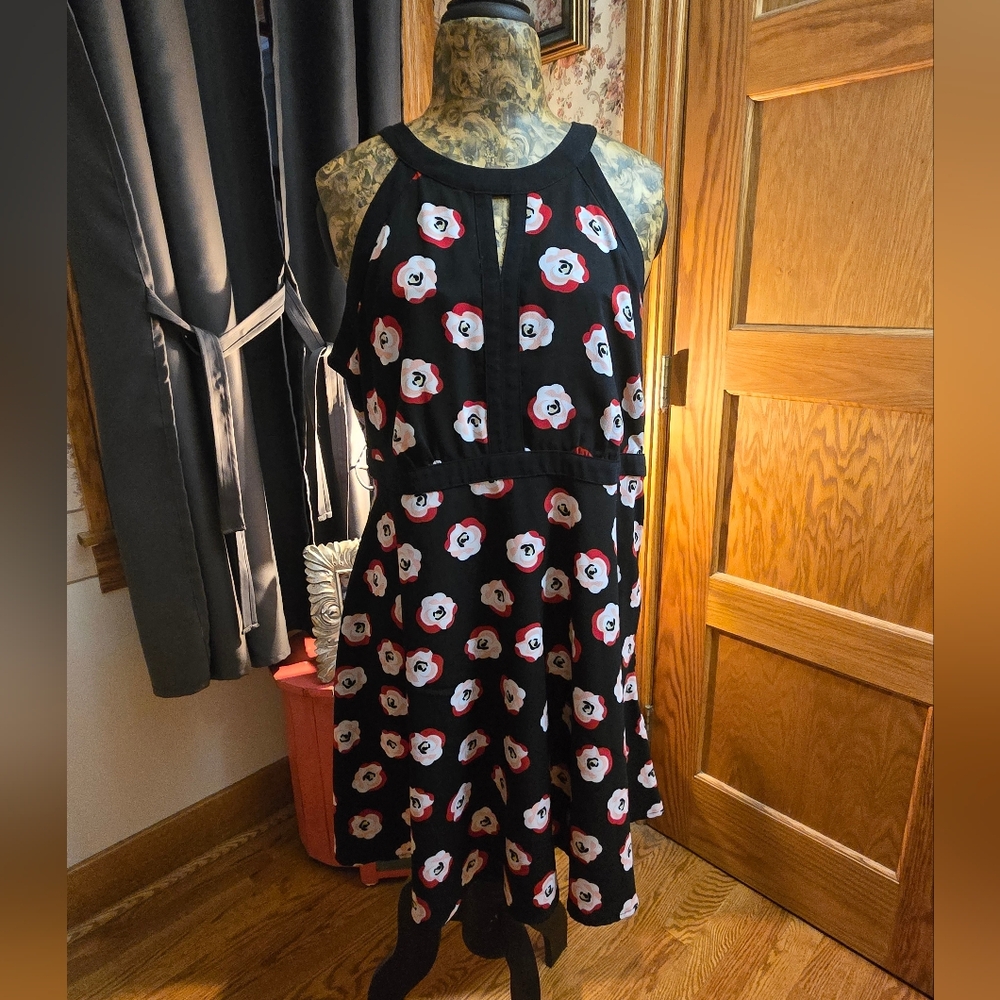 Elle Black Midi Dress with Red and White Floral Print
